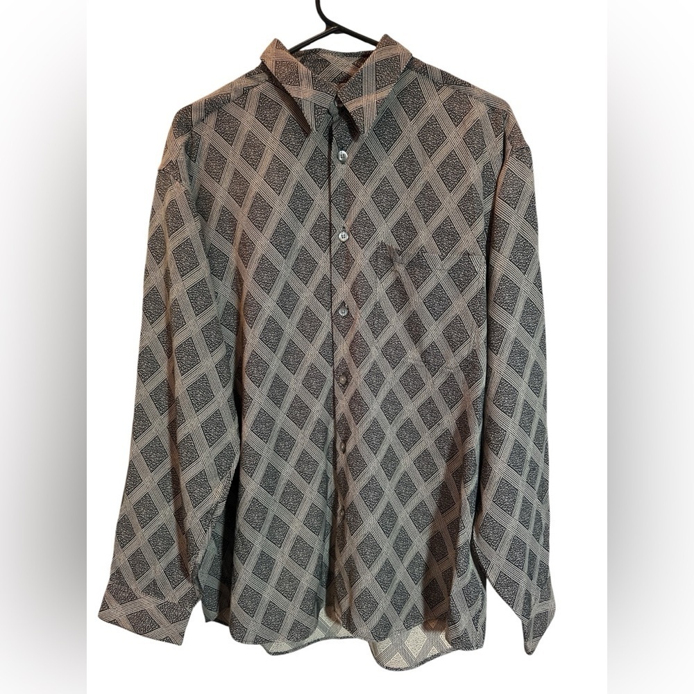 Men's BACHRACH Button Up Tan Black Shirt Diamond Pattern Size Medium 90's Y2K